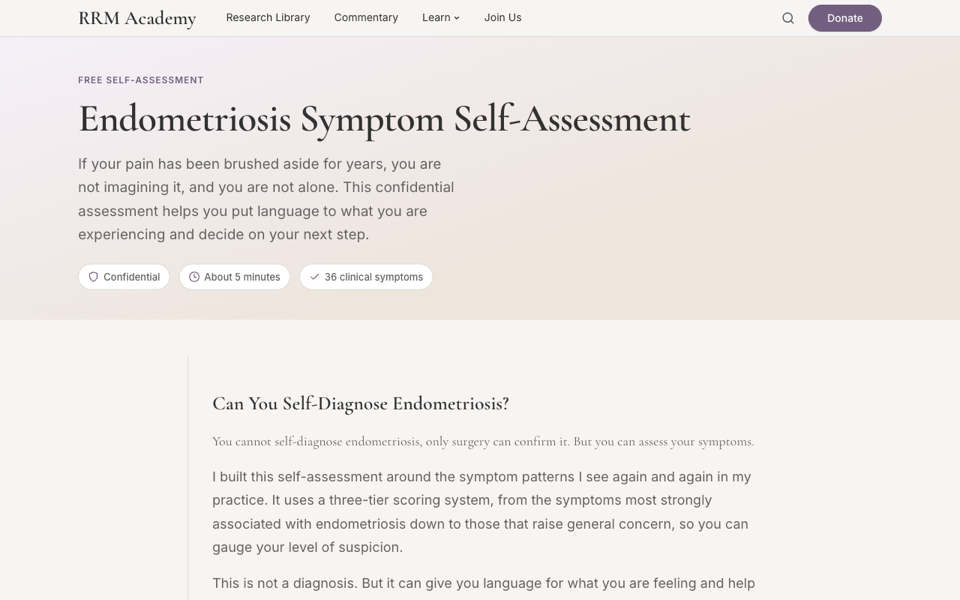 Screenshot of the endometriosis self-assessment landing page.