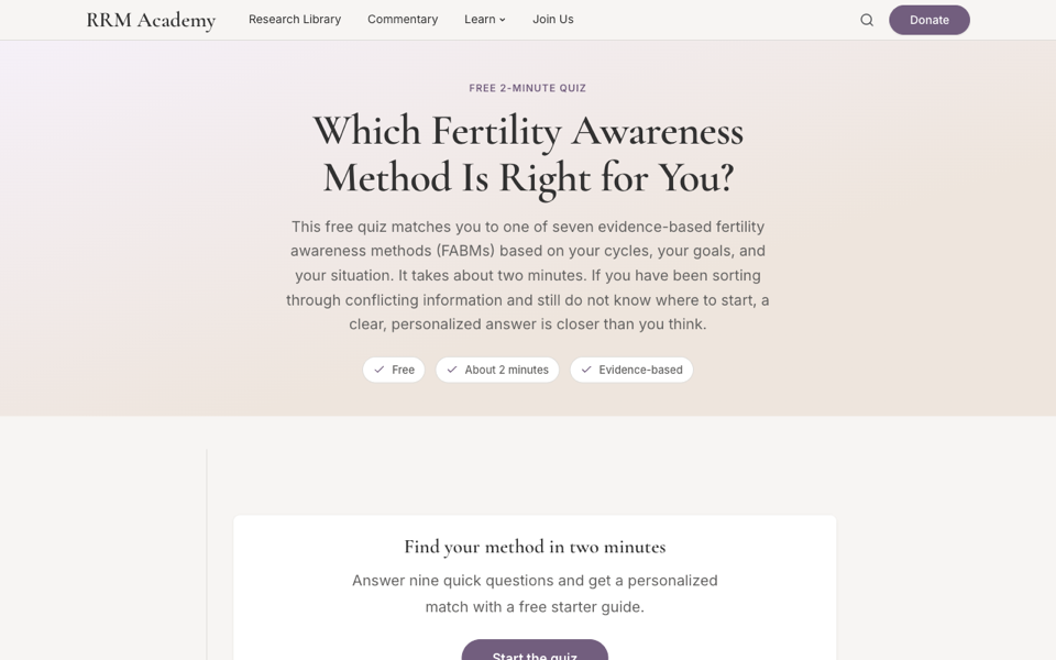 Screenshot of the FABM method quiz landing page.