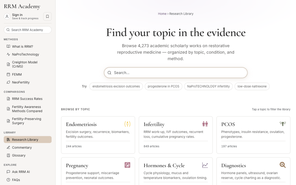 Screenshot of the RRM research library search interface.